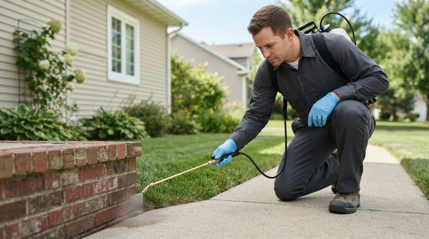 Pest control technician treating a home near Waltham, MN